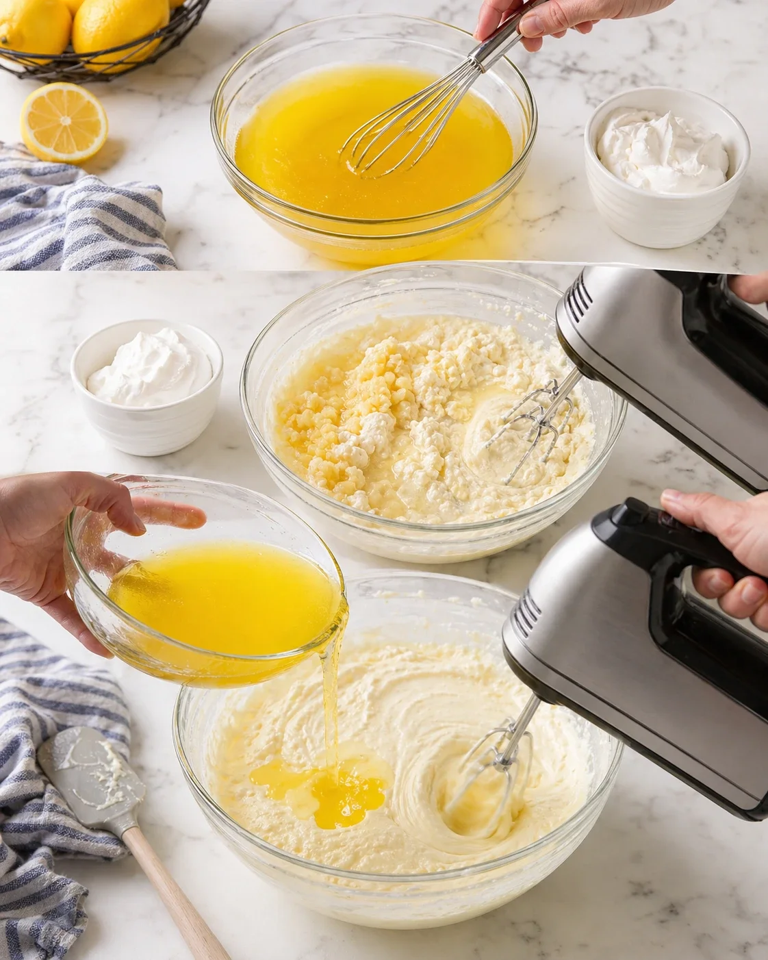 Bright marble kitchen counter with lemon batter whisking in a glass bowl, hands pouring juice, and a mixer.