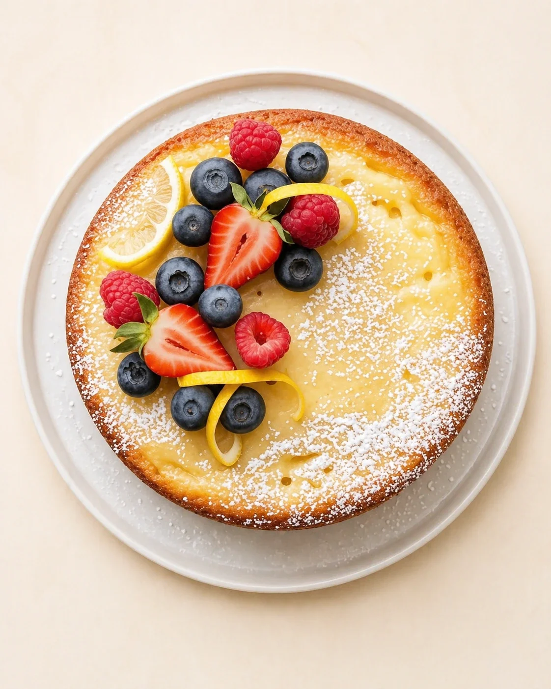 Round cake on a white plate topped with blueberries, raspberries, strawberries, lemon zest ribbons, and a lemon wedge.