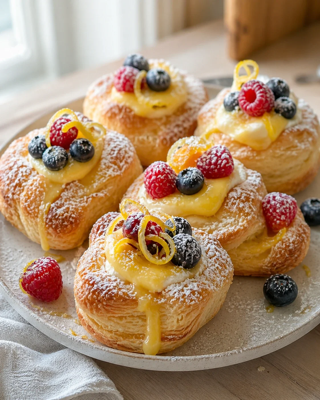 Flaky pastries with lemon curd, topped with raspberries and blueberries on a plate