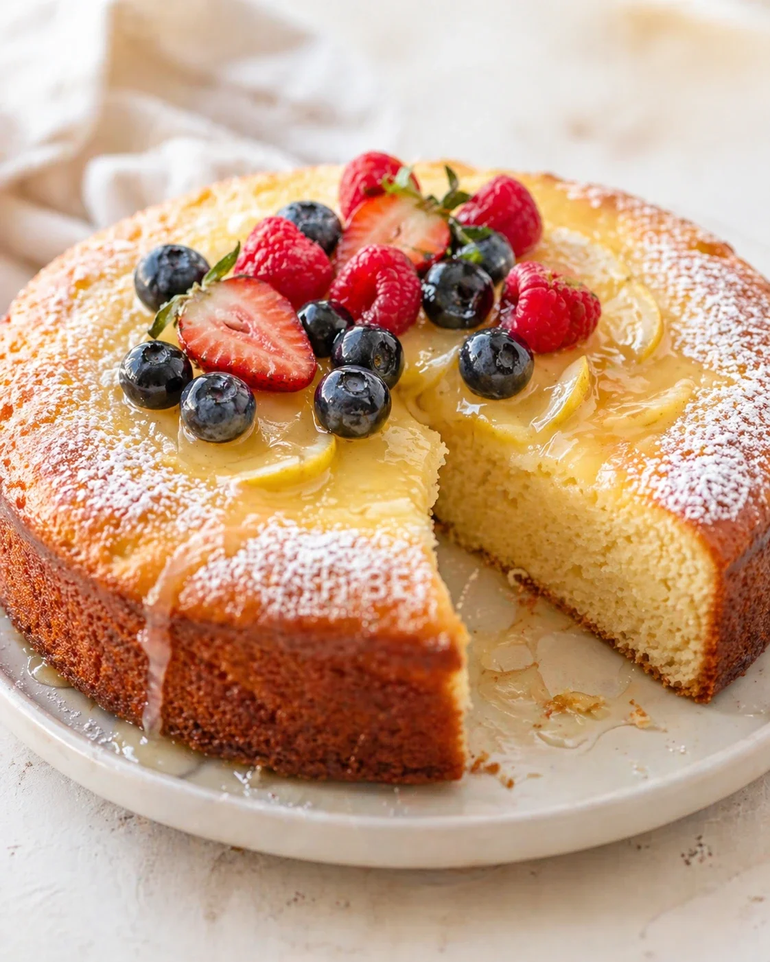 Round vanilla cake with lemon glaze, topped with blueberries, raspberries, strawberries, dusted with powdered sugar on a white plate.