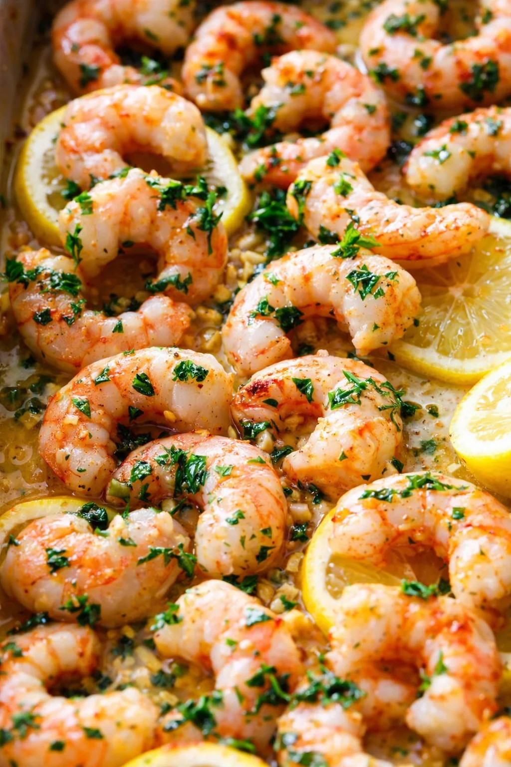 plump pink shrimp curled in lemon butter sauce with parsley and lemon slices