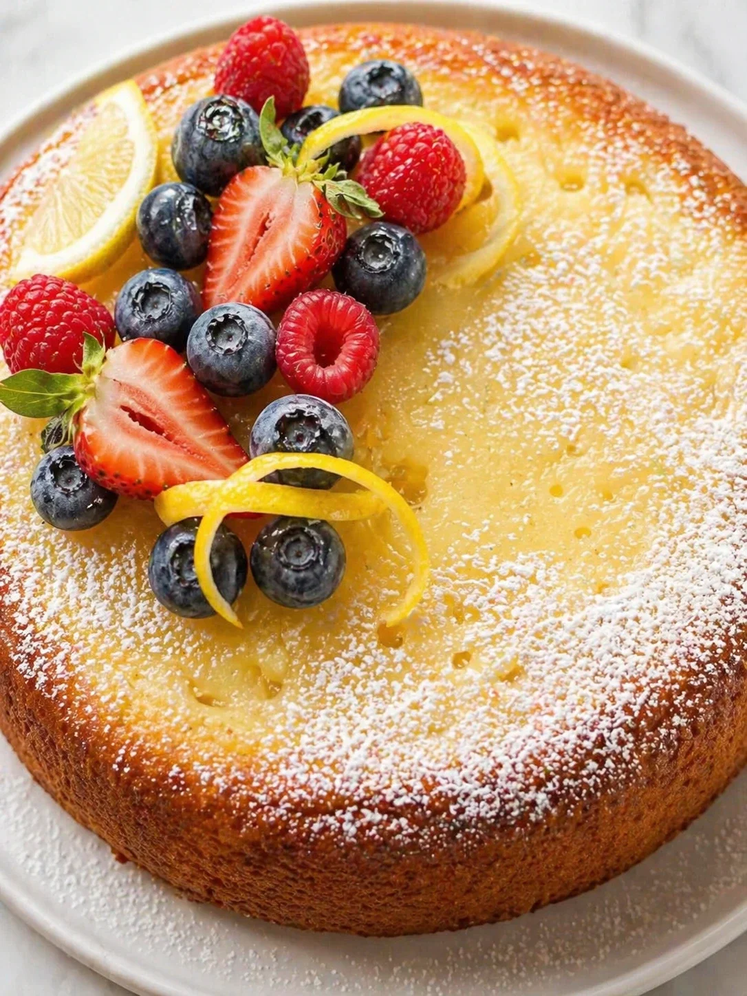 Round lemon cake dusted with sugar, topped with blueberries, raspberries, strawberries, and lemon zest