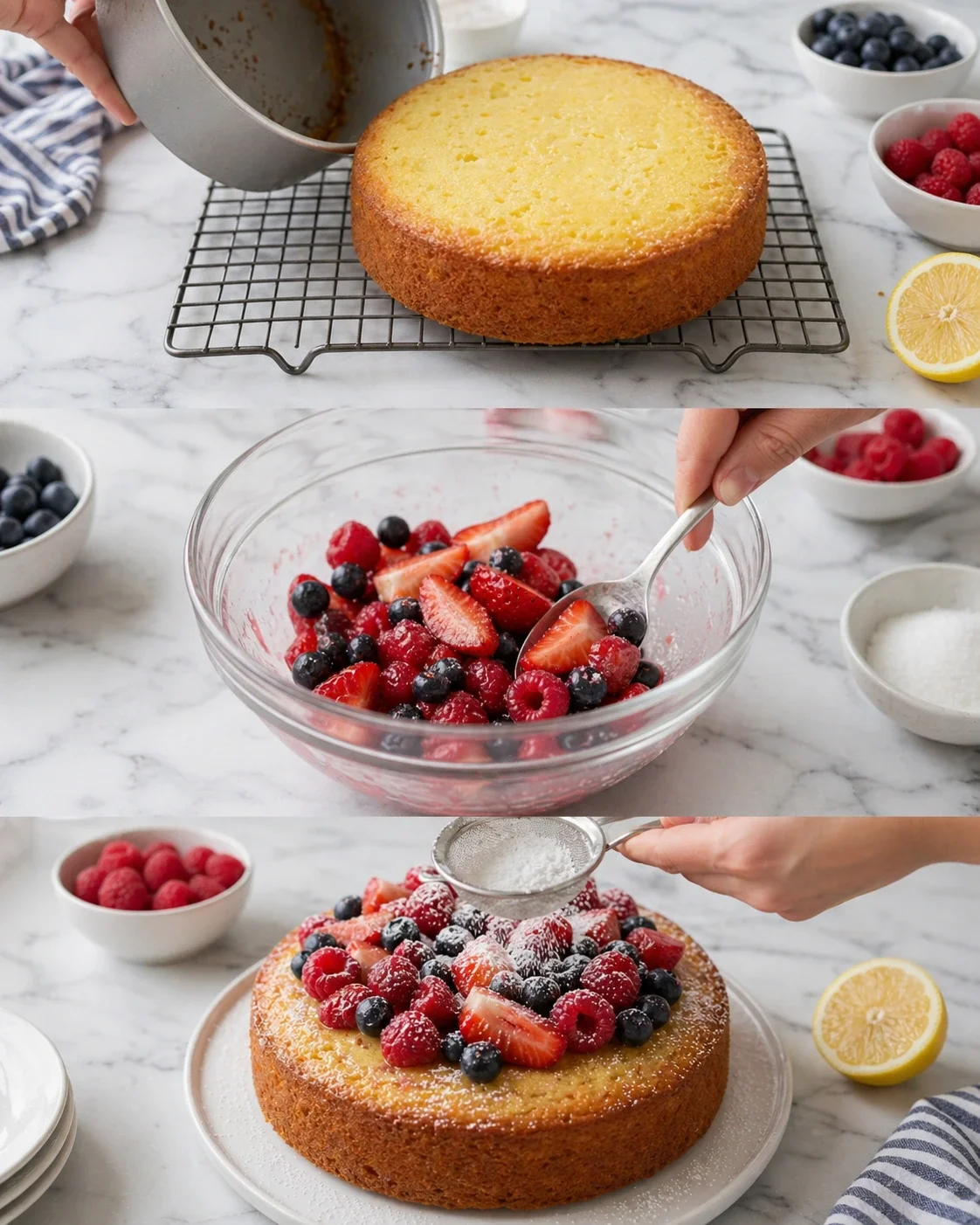 three-panel collage showing lemon cake cooling, berries being mixed, and finished cake dusted with sugar