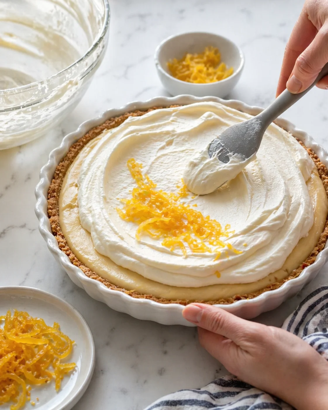 Creamy lemon cheesecake being swirled in a fluted white pie dish with lemon zest topping