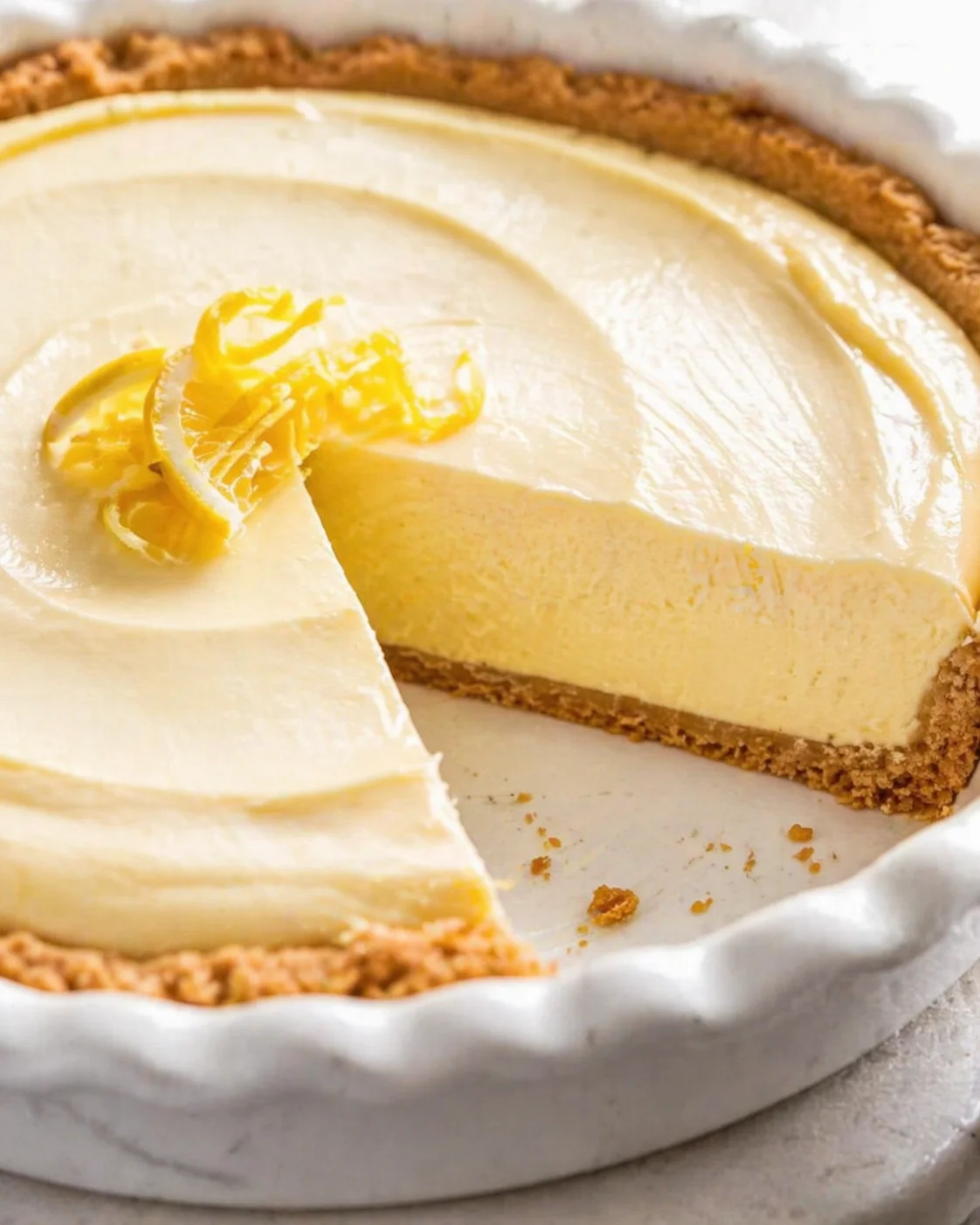 Close-up of lemon cheesecake with a crumb crust and lemon garnish