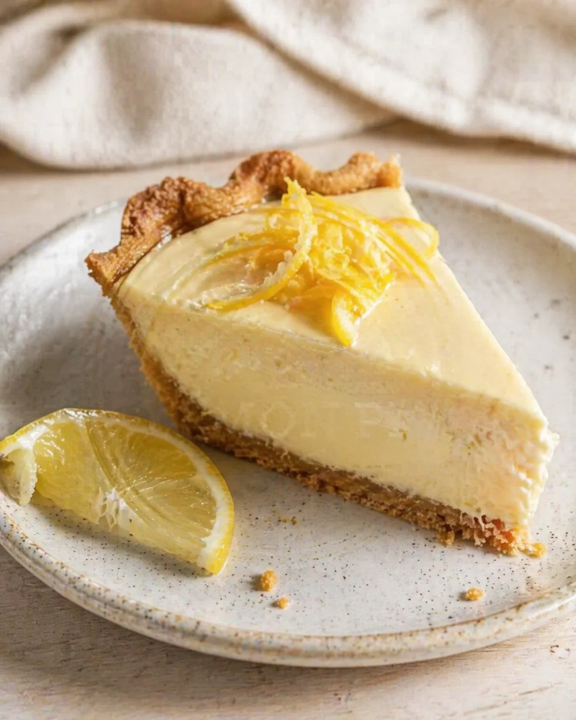 Slice of lemon cheesecake on a speckled plate with lemon wedge and zest