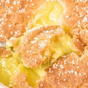 close up of scoop of lemon cobbler.