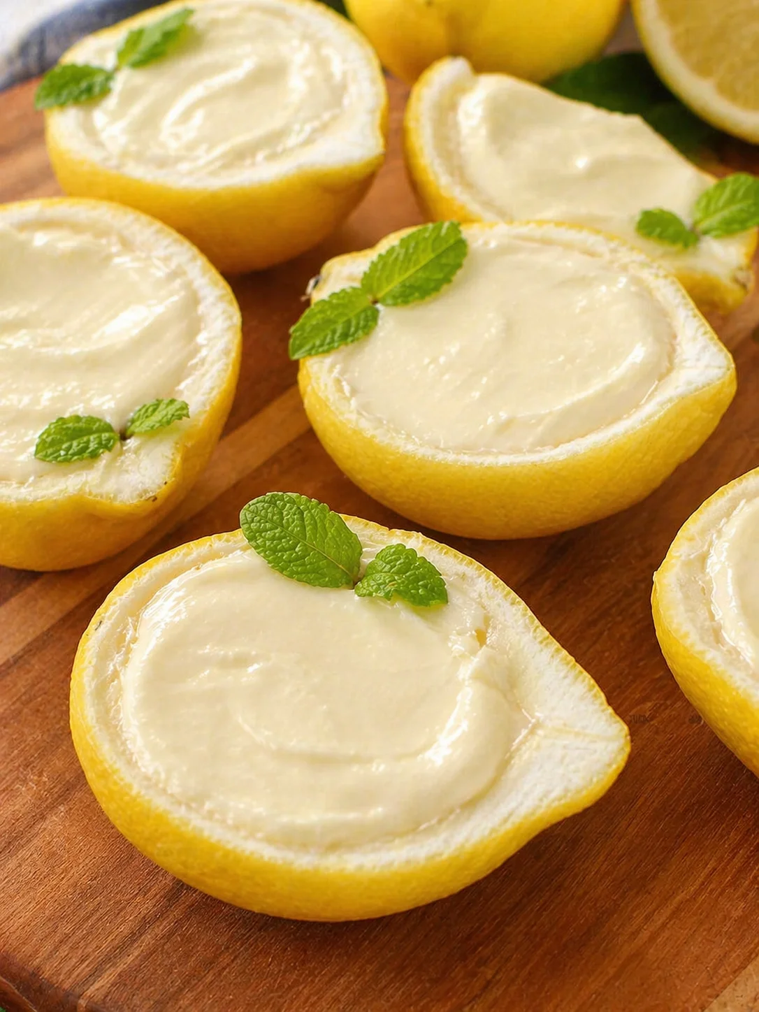 lemon-halves filled with creamy filling, garnished with mint, on a wooden board.