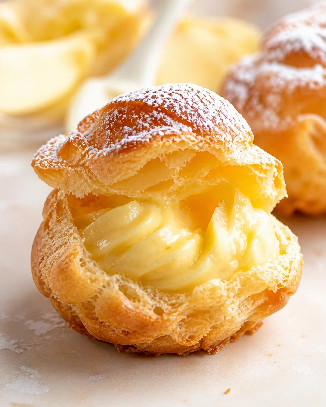 Golden cream puff with lemon cream filling, dusted with sugar, on a pale surface.