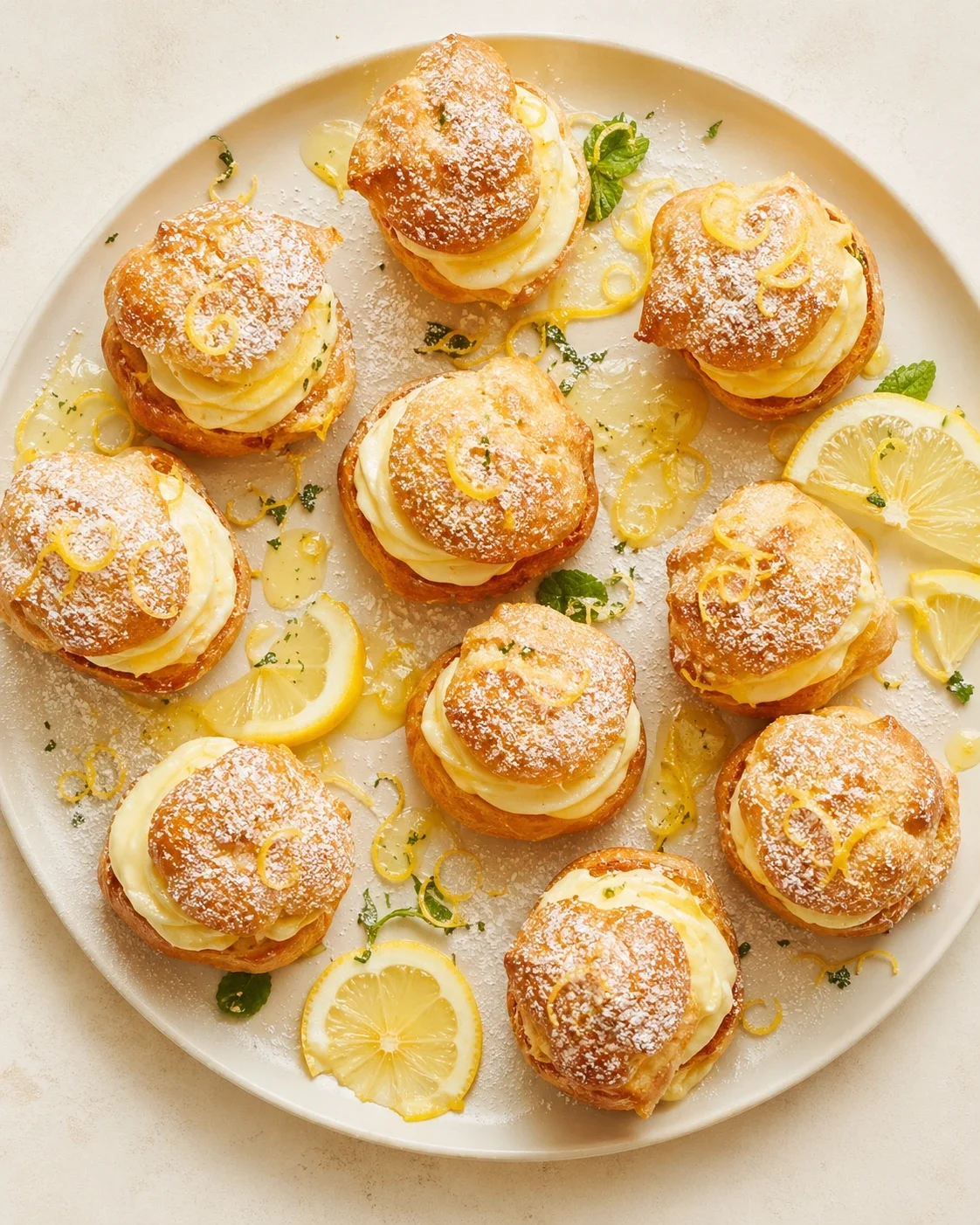 Plate of golden mini cream puffs filled with lemon cream, dusted with powdered sugar, lemon slices and mint.
