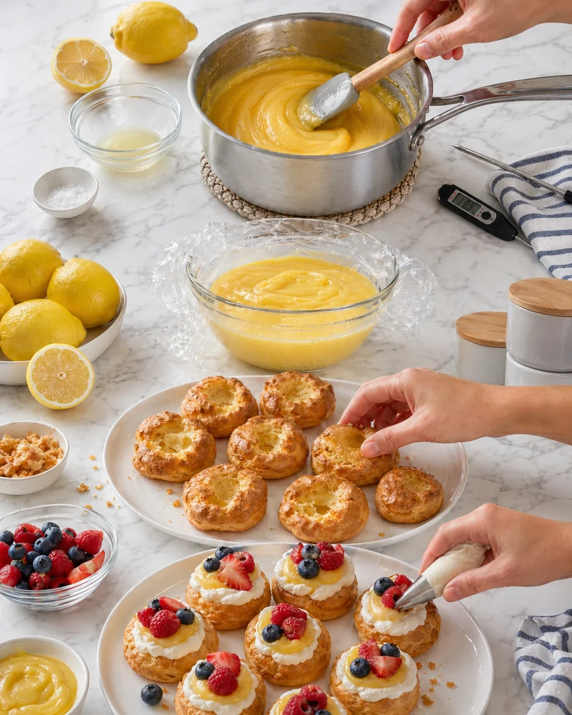 Hands pipe cream onto round pastry shells topped with berries, surrounded by lemons and lemon curd on a marble counter.