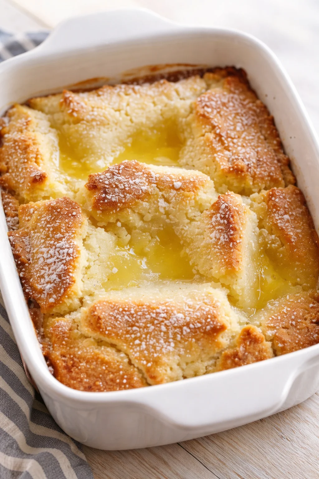 White ceramic baking dish with a golden crust and lemon curd centers visible.