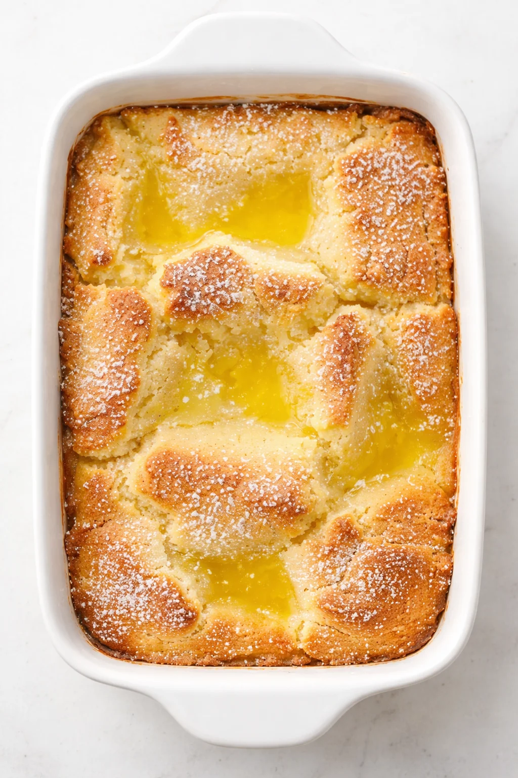 white baking dish with a golden pull-apart cake and bright lemon centers