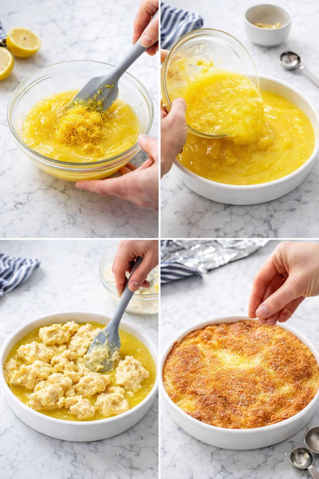 collage of four panels: lemon curd mixing, pouring into dish, topping, and baked lemon cake