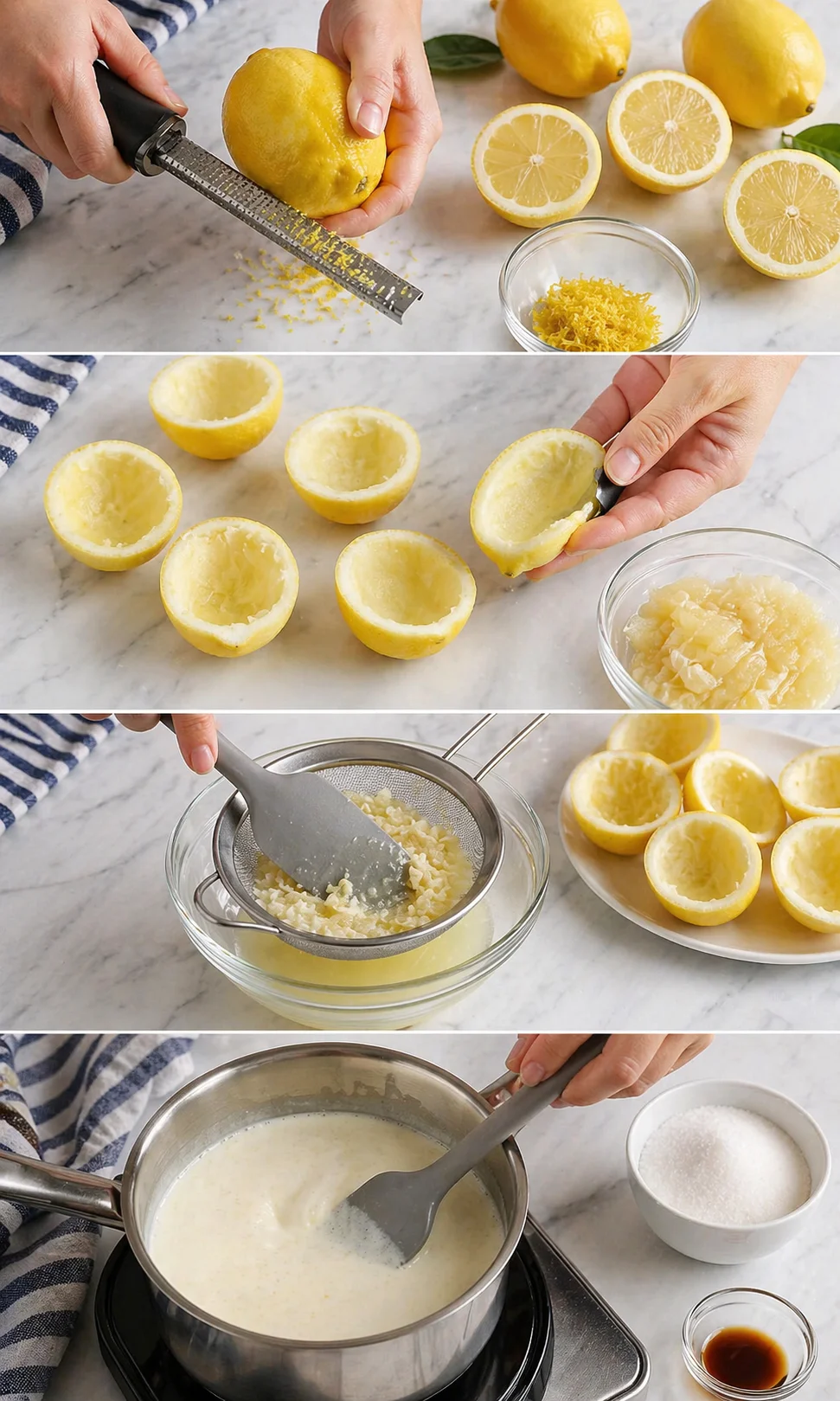 multi-panel collage showing lemon zesting, hollowing rinds, juicing, straining, and cooking lemon curd