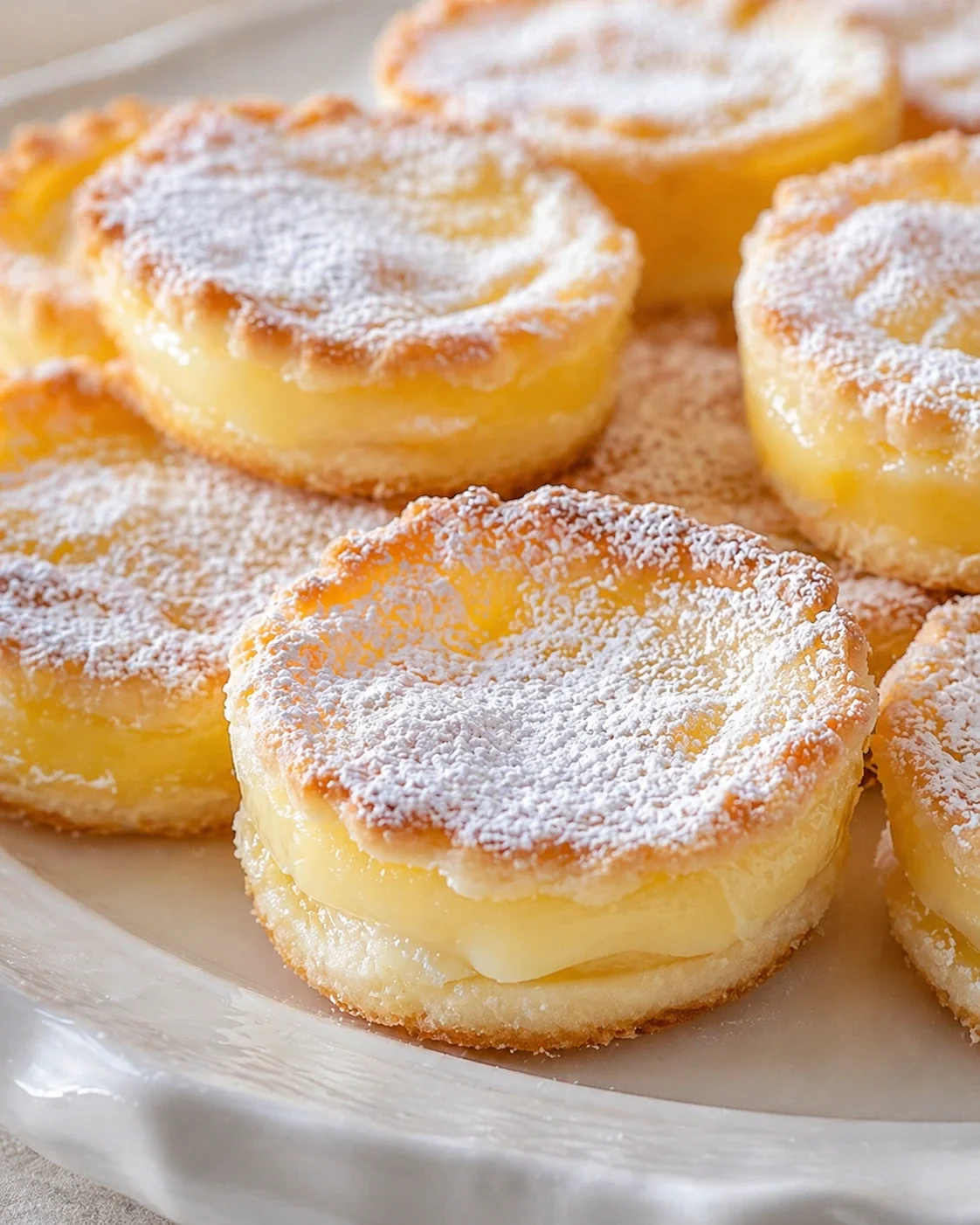 Close-up of lemon curd tarts with powdered sugar on a plate.