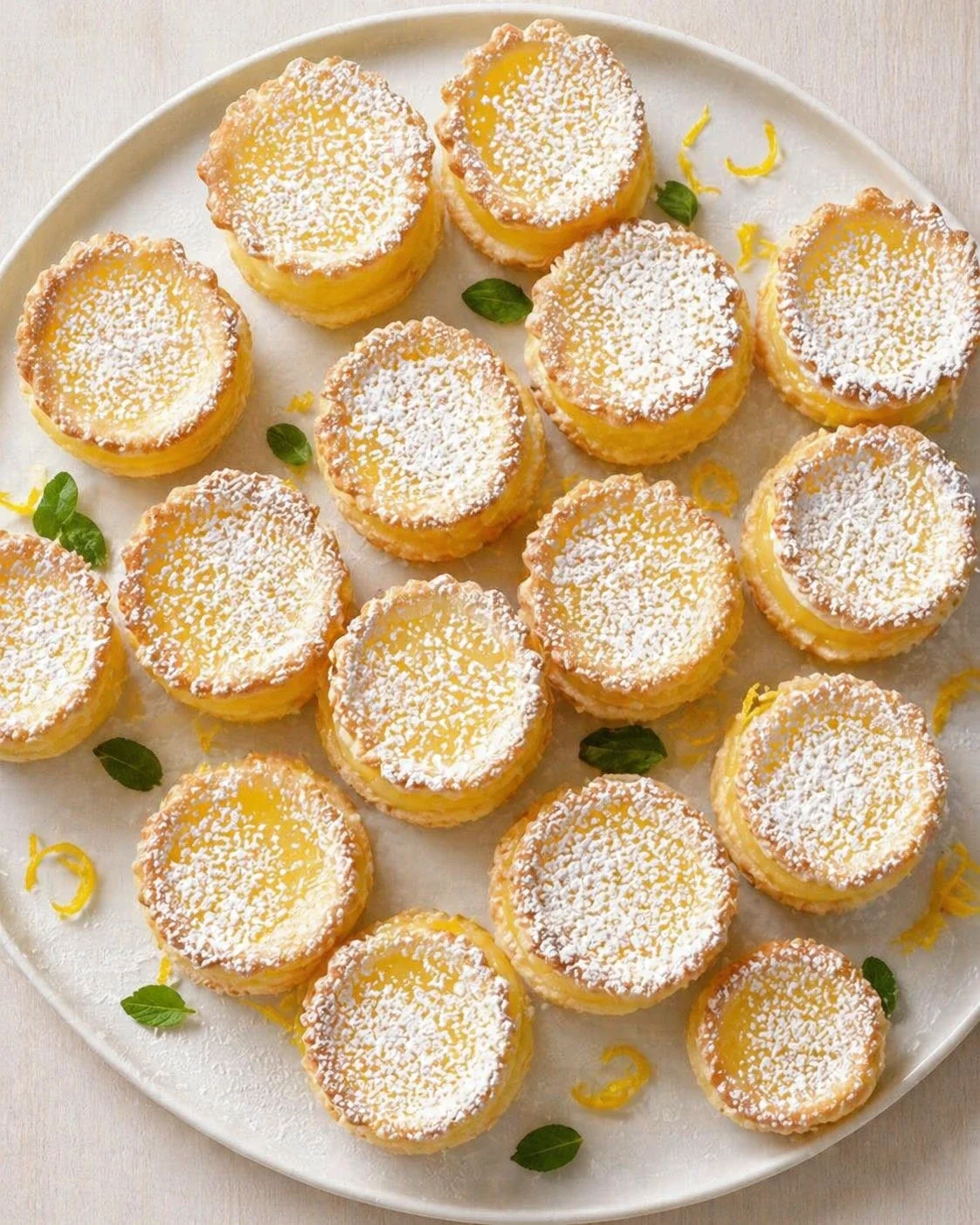 round lemon curd tarts dusted with powdered sugar on a white plate, mint leaves garnish