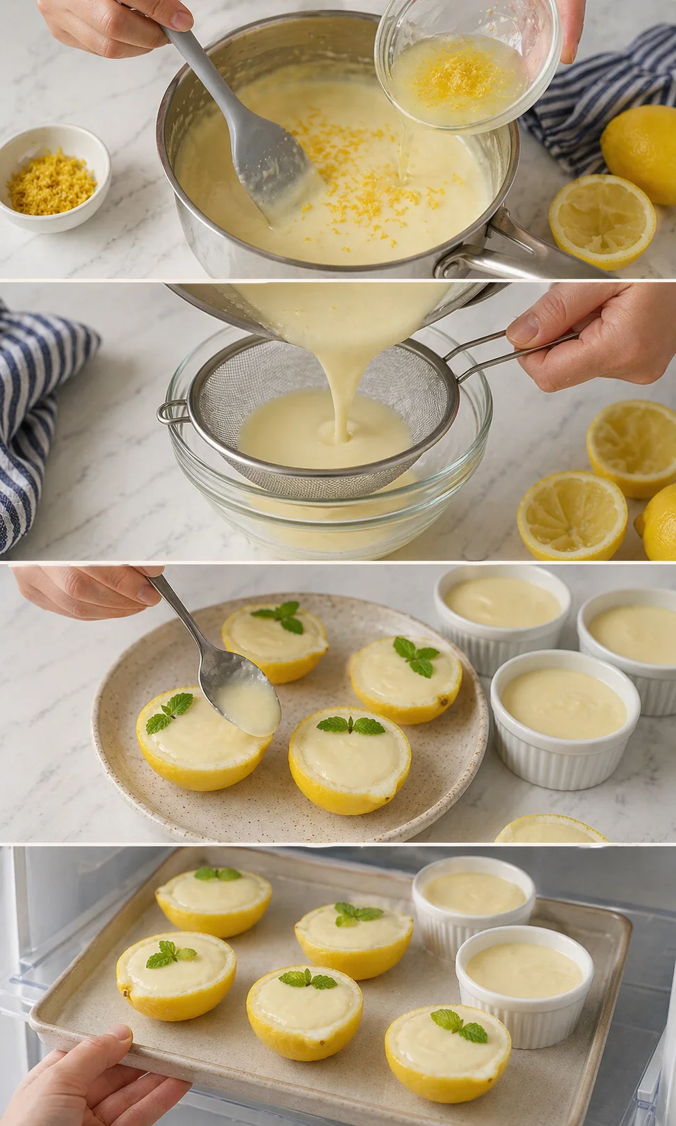 Four-panel collage showing lemon custard preparation, lemon halves, zest, strainer, and finished cups baking.