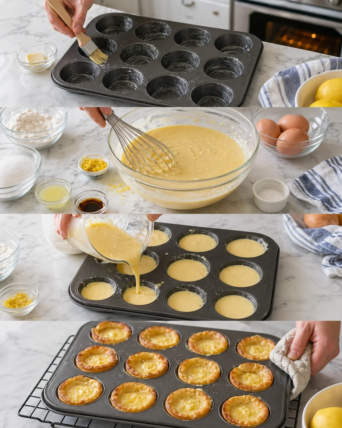 Collage of kitchen steps showing batter being whisked, poured into muffin tins, and baked lemon custard tarts.