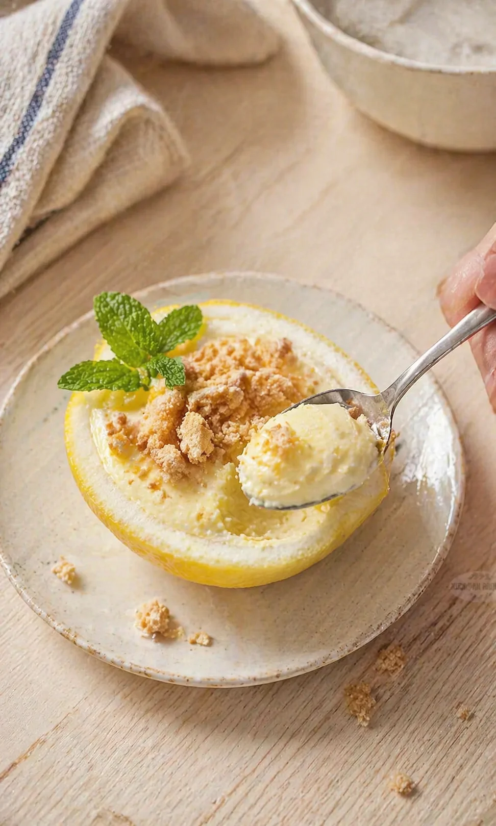 lemon-half filled with creamy dessert, crumb topping, and a mint garnish on a rustic plate