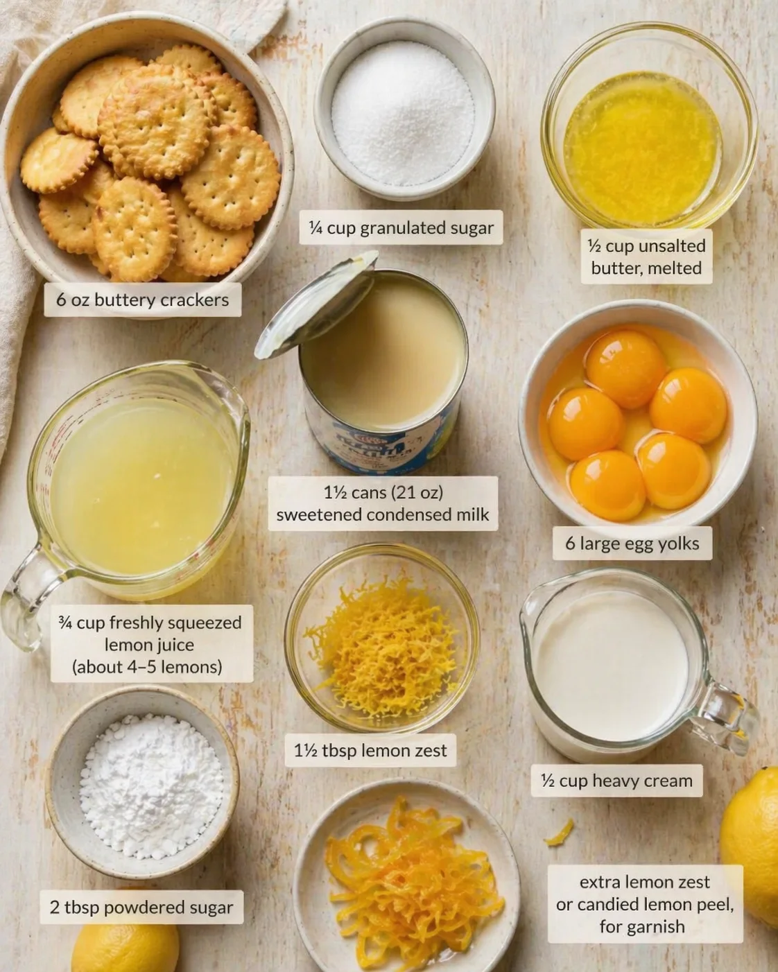 Overhead view of lemon dessert ingredients arranged on a rustic wooden surface with labeled bowls.