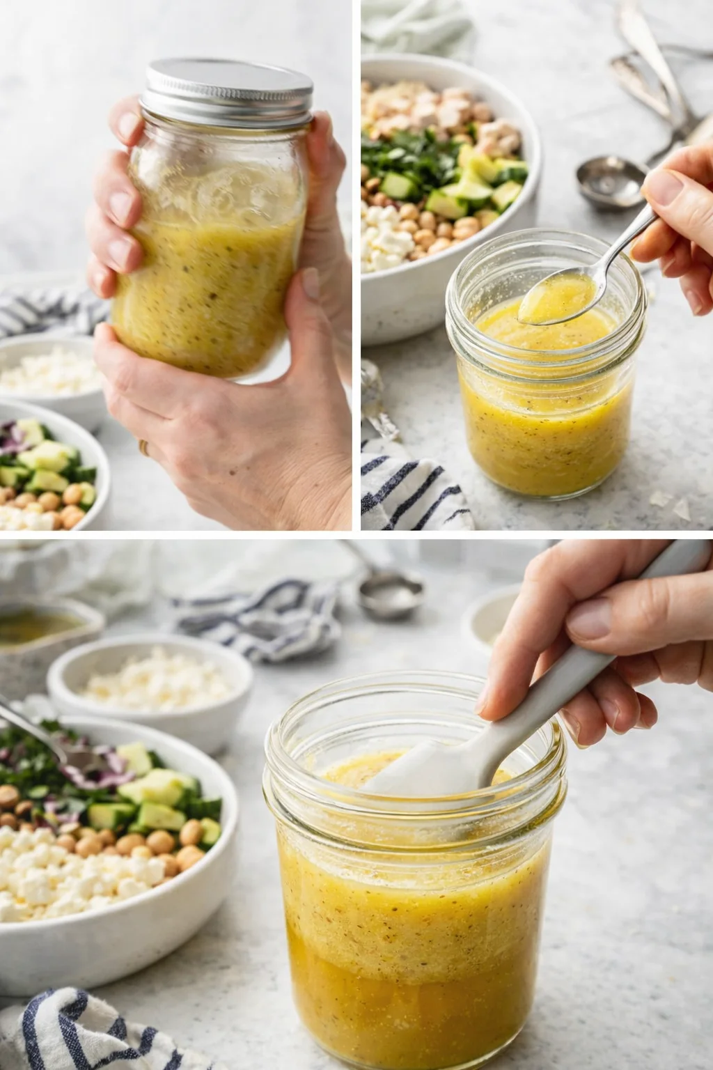 collage of a mason jar with lemon-dijon vinaigrette and hands preparing dressing beside salad bowls