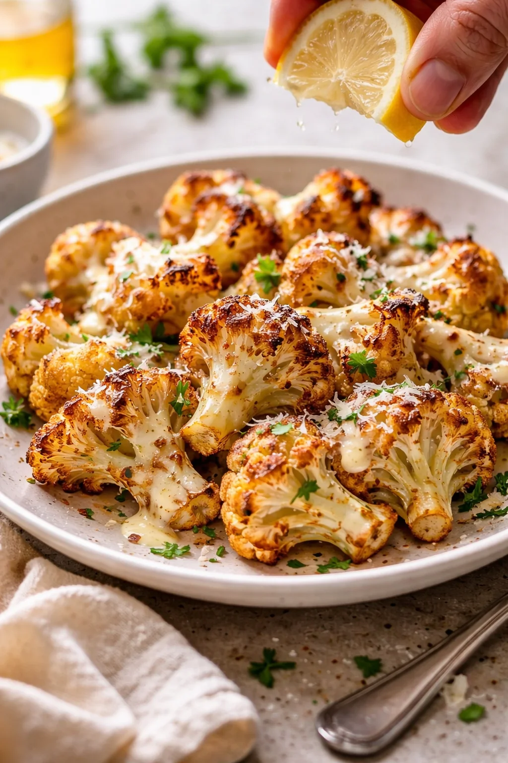 roasted cauliflower florets with lemon drizzle and parsley on a light plate