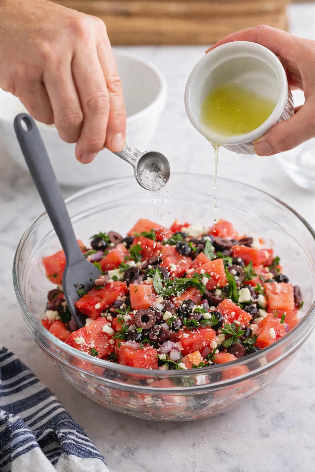 Two hands sprinkle salt and pour lemon juice over a watermelon feta olive salad in a glass mixing bowl.