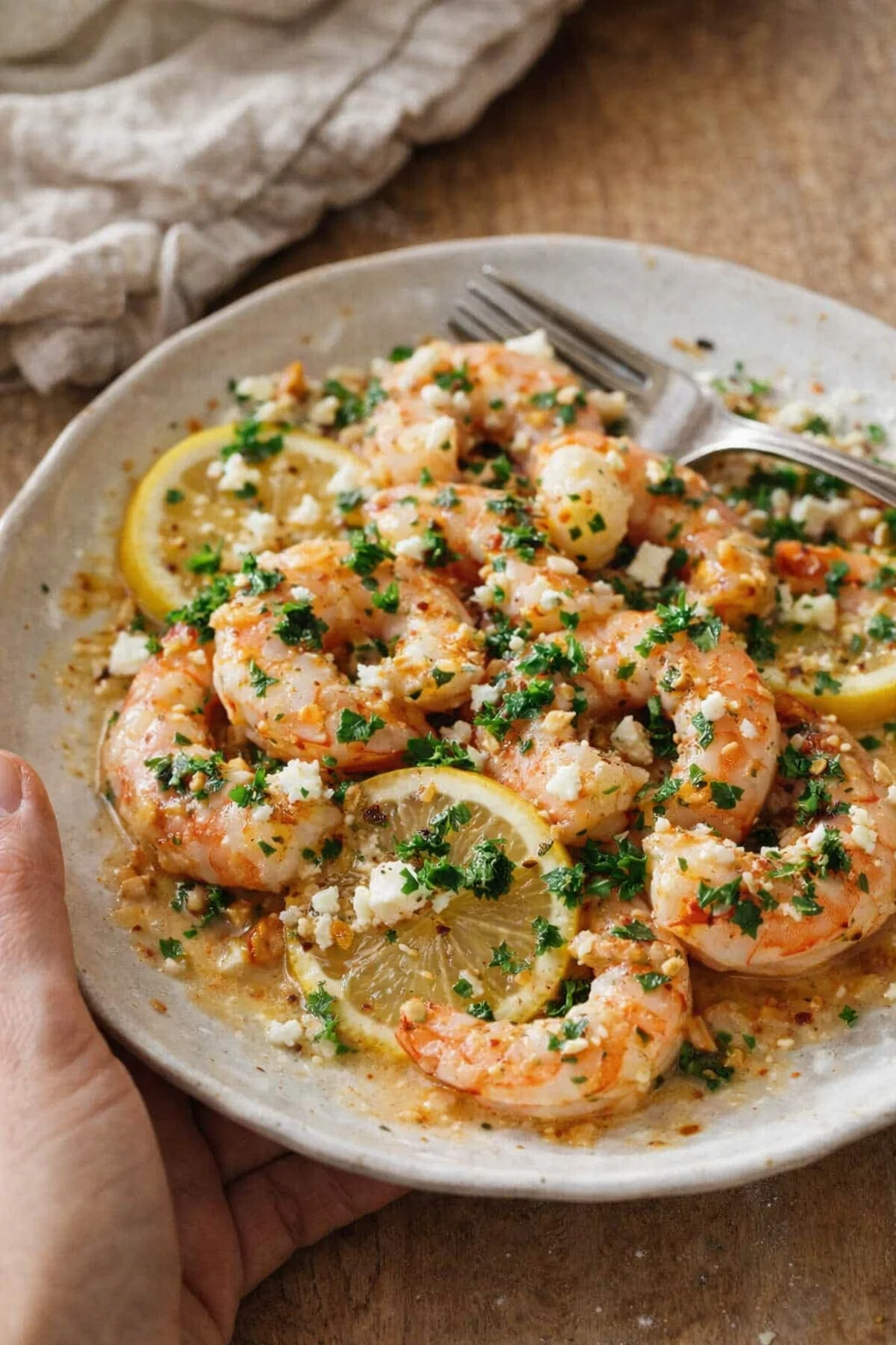 Plated shrimp with lemon slices, parsley, and crumbly cheese on a beige plate.