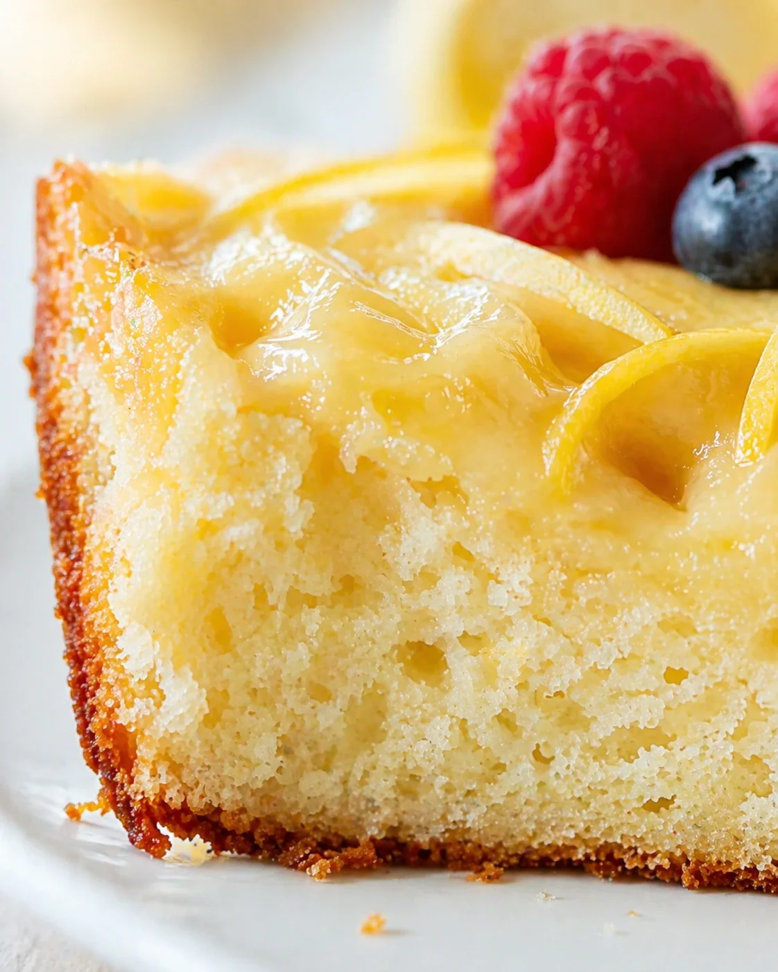 Close-up of a lemon-glazed pound cake slice on a white plate with lemon slices and berries in the background.