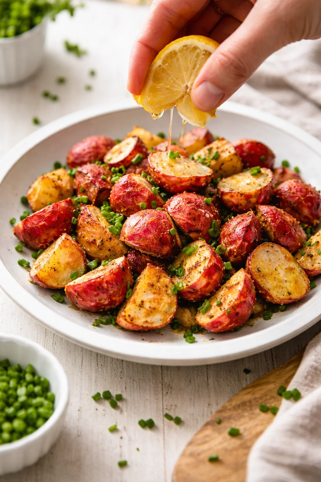 hand squeezing lemon over a bowl of roasted red-skinned potato wedges, golden and crispy