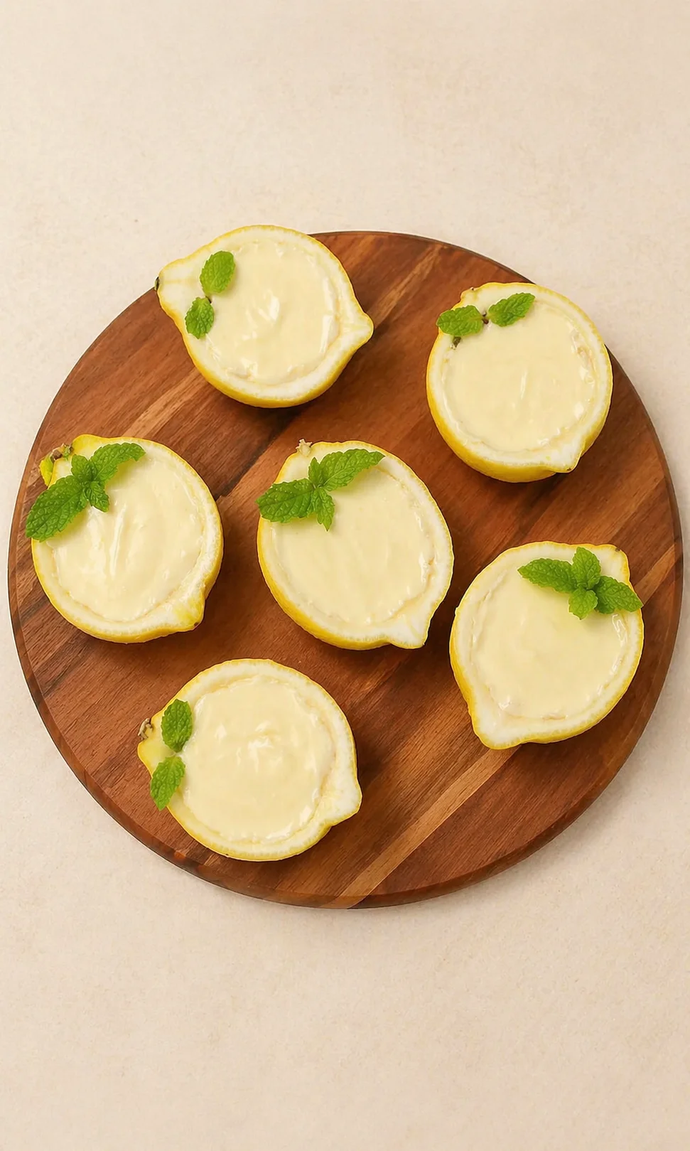 top-down view of seven lemon halves filled with creamy filling and mint garnish on a wooden board