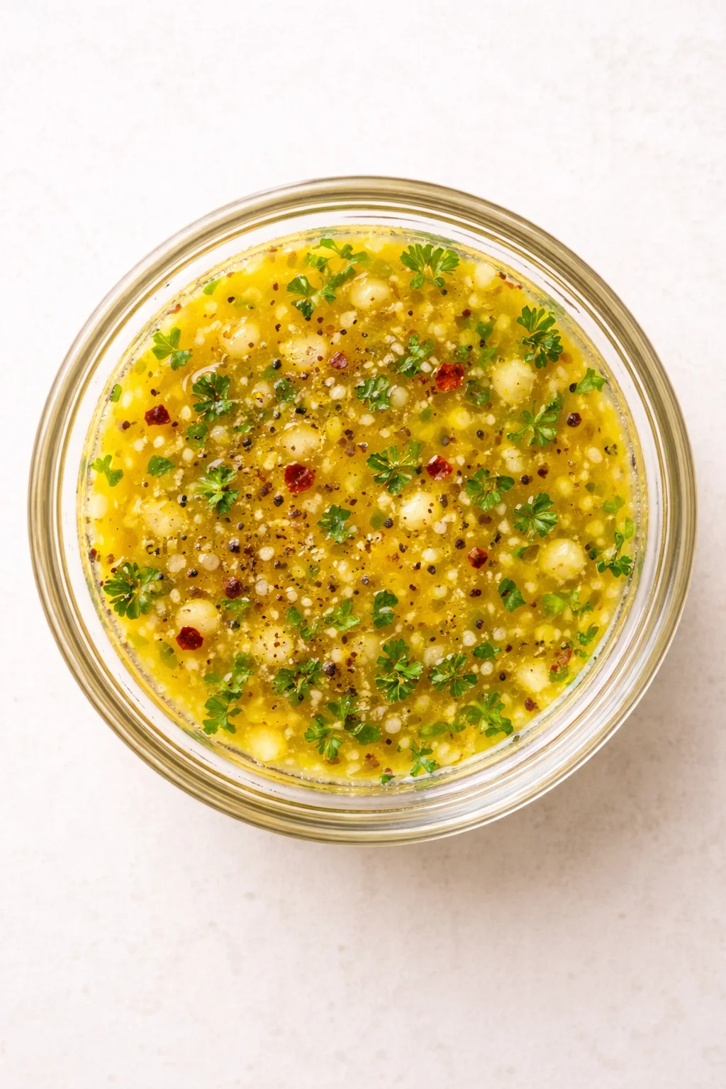 glass jar of bright yellow herb dressing with parsley and pepper flakes