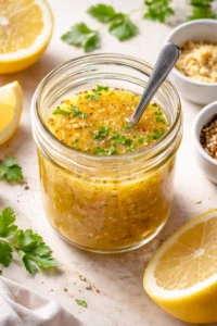 glass jar of lemon-herb dressing with spoon, surrounded by lemon halves and parsley
