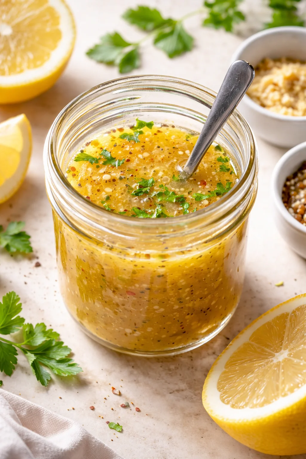 glass jar of lemon-herb dressing with spoon, surrounded by lemon halves and parsley