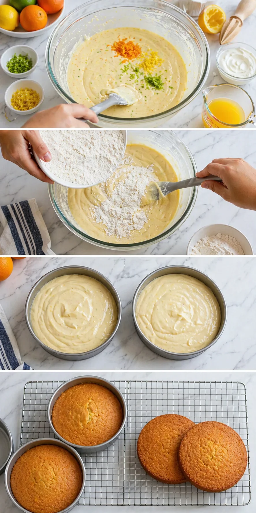 Collage showing step-by-step lemon-orange zest muffins: batter mixing, flour being added, pans filled, muffins cooling.