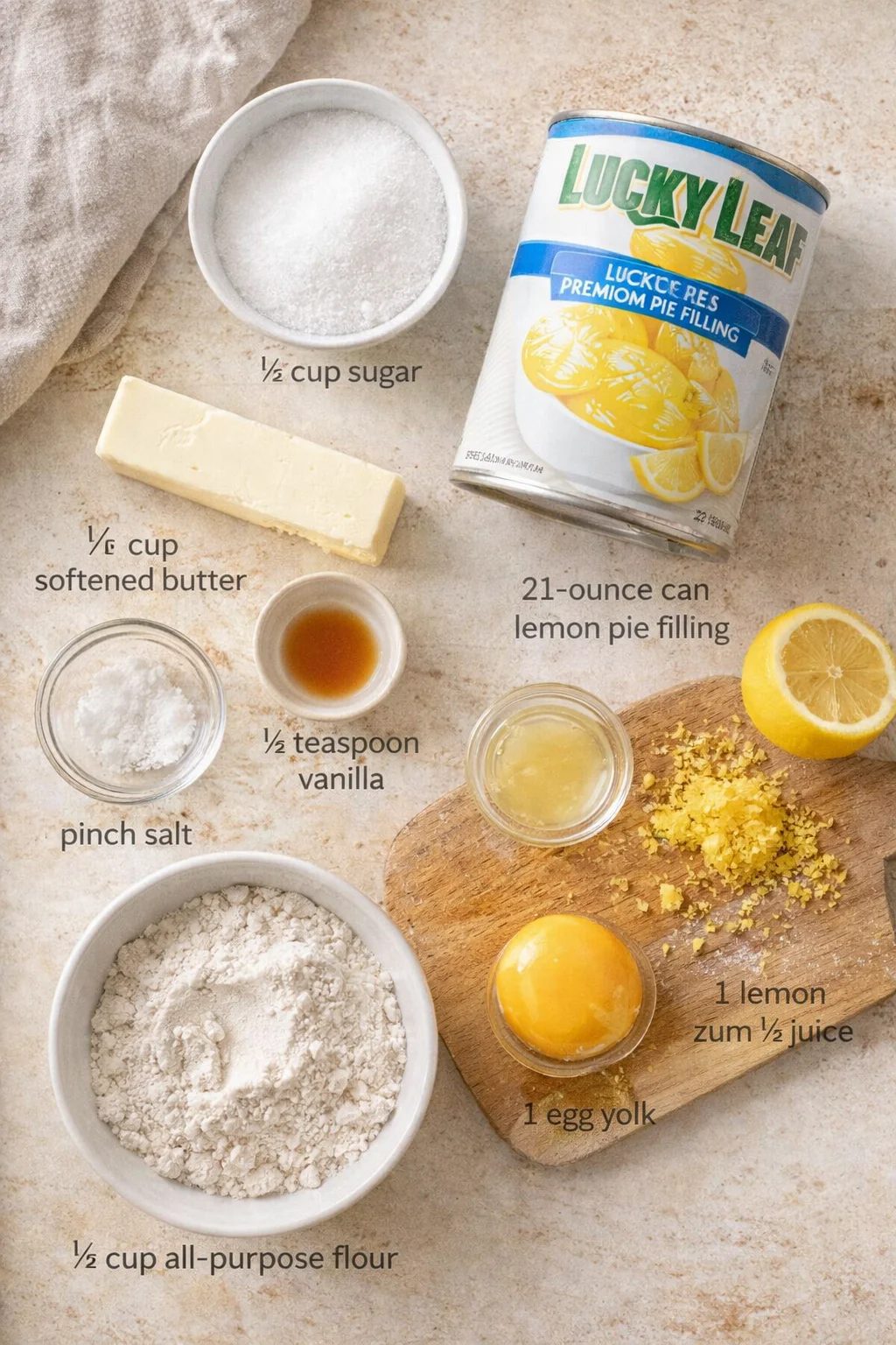 top-down view of lemon pie filling ingredients arranged on a warm countertop