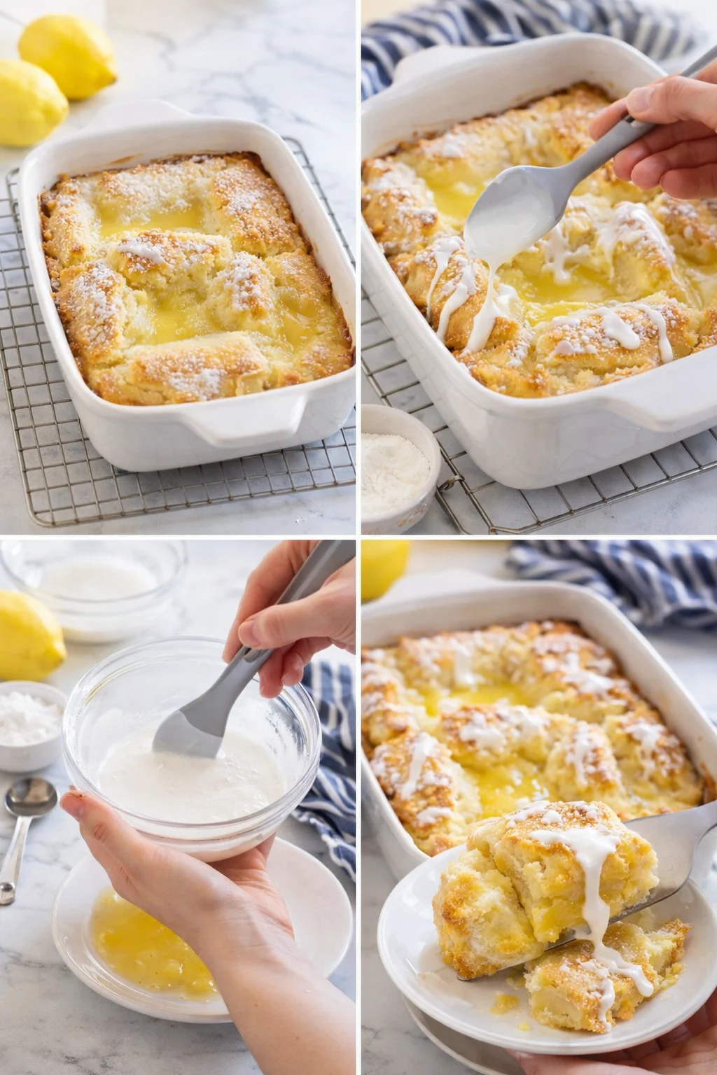 Collage of lemon pull-apart bread in a white baking dish, with glaze being poured and served.
