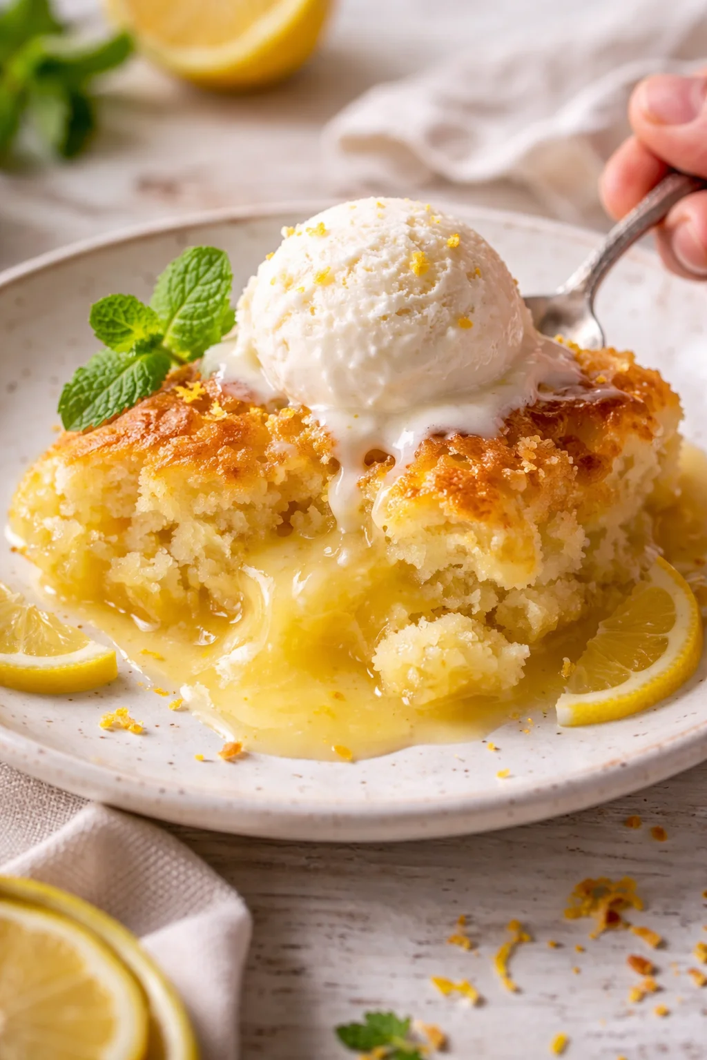 Lemon-syrup cake topped with vanilla ice cream and mint on a speckled plate.