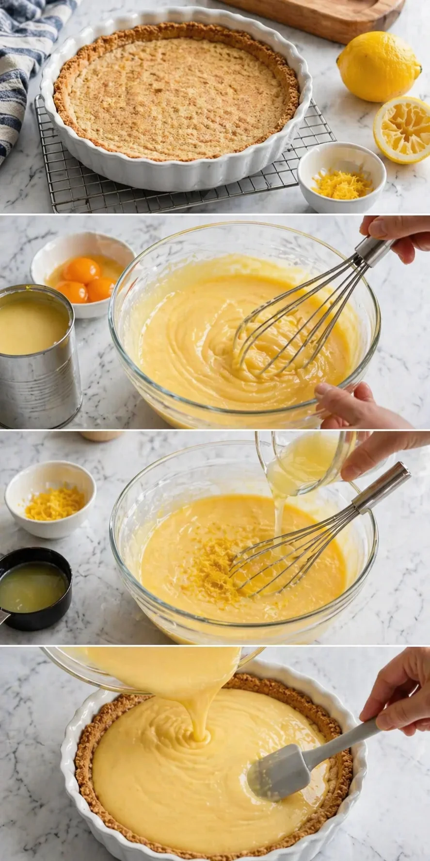 collage of lemon tart steps: crust, batter whisking, zest, and pouring lemon filling into crust