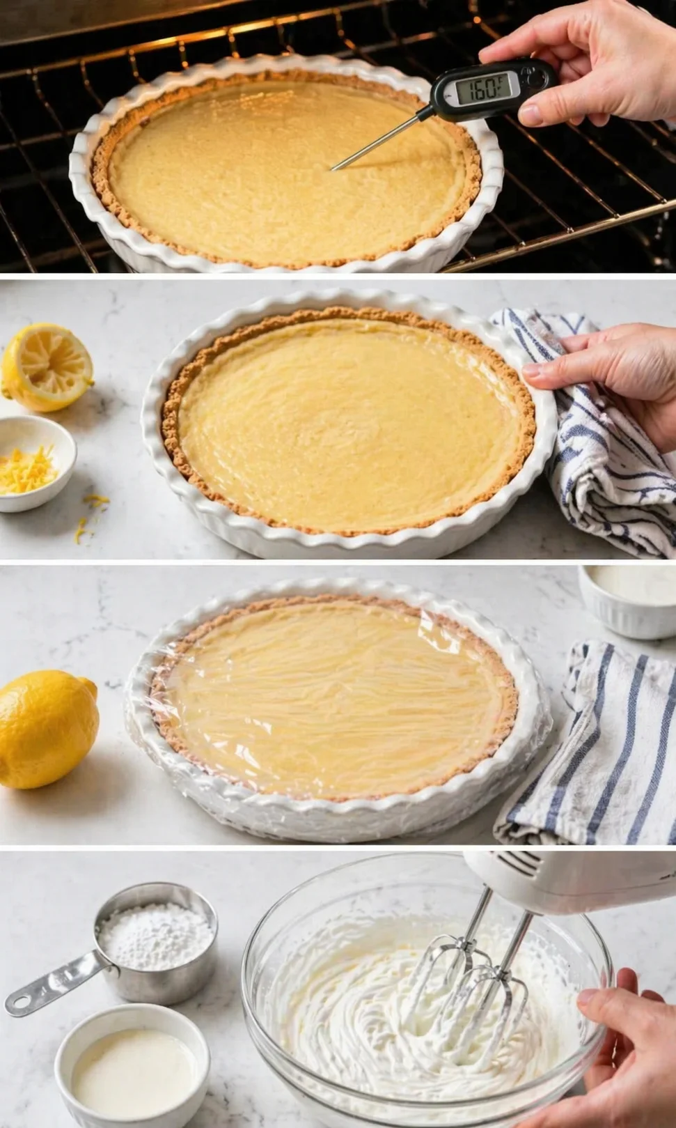 collage showing lemon tart prep: baked tart with thermometer, zest, wrap, and whisked filling