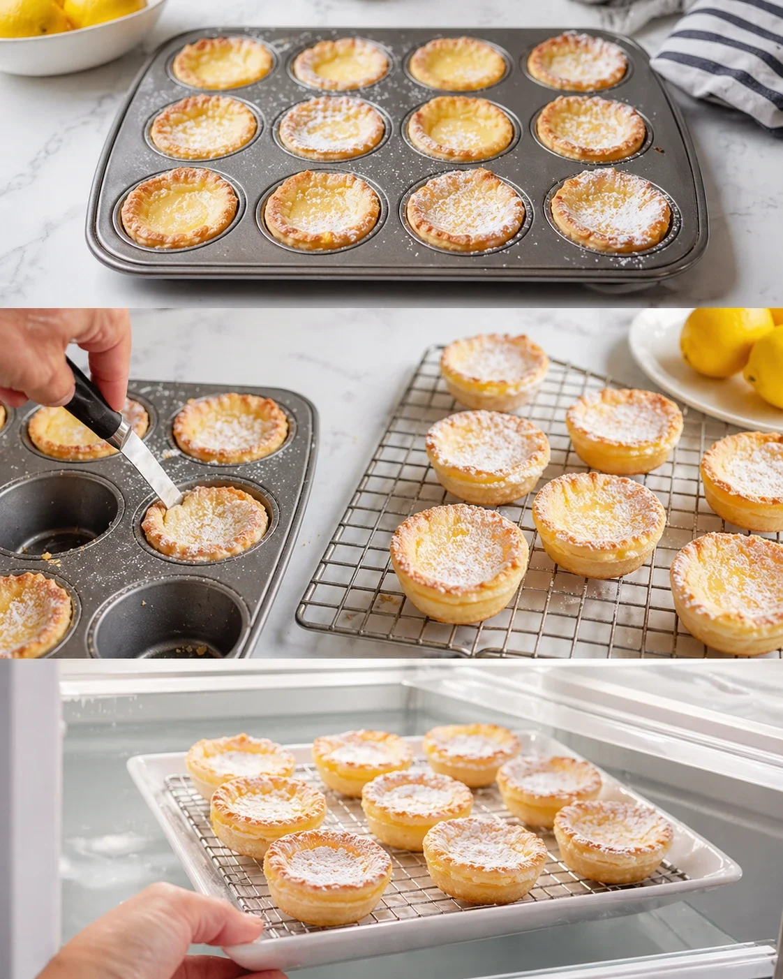 Series of lemon tarts in a muffin tin, on a cooling rack, and being placed in a fridge with lemons nearby.