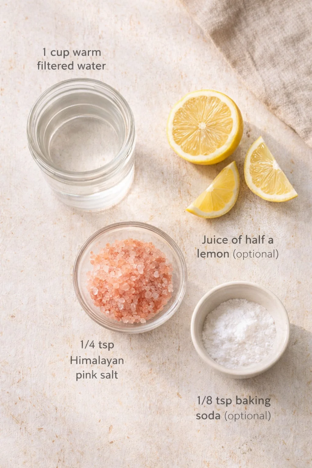 Flat-lay of lemon halves, water glass, pink salt, baking soda with recipe labels.