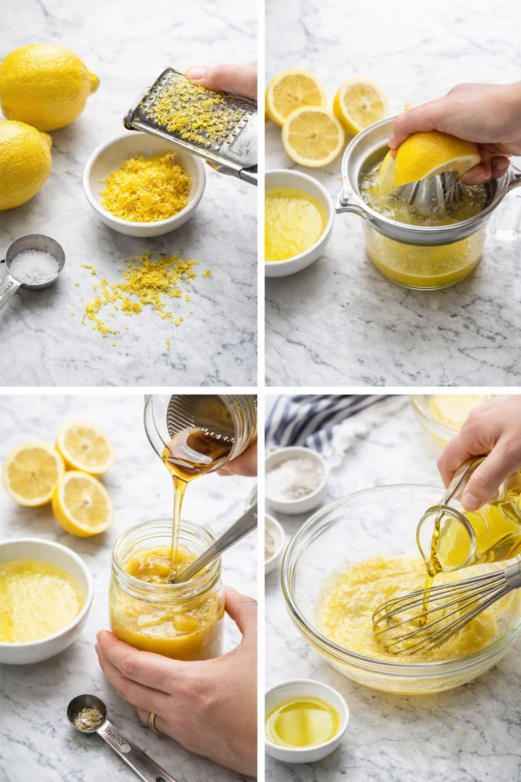 collage of lemon zest, juicing, honey pouring, and whisking on marble countertop