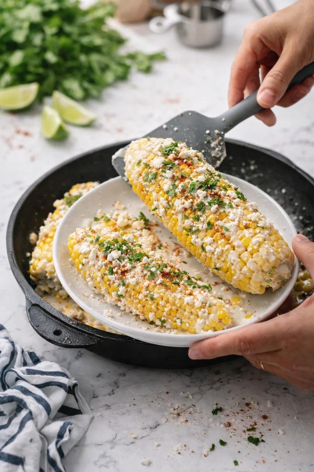 two ears of corn on a white plate, topped with crumbled cheese, cilantro, and chili flakes