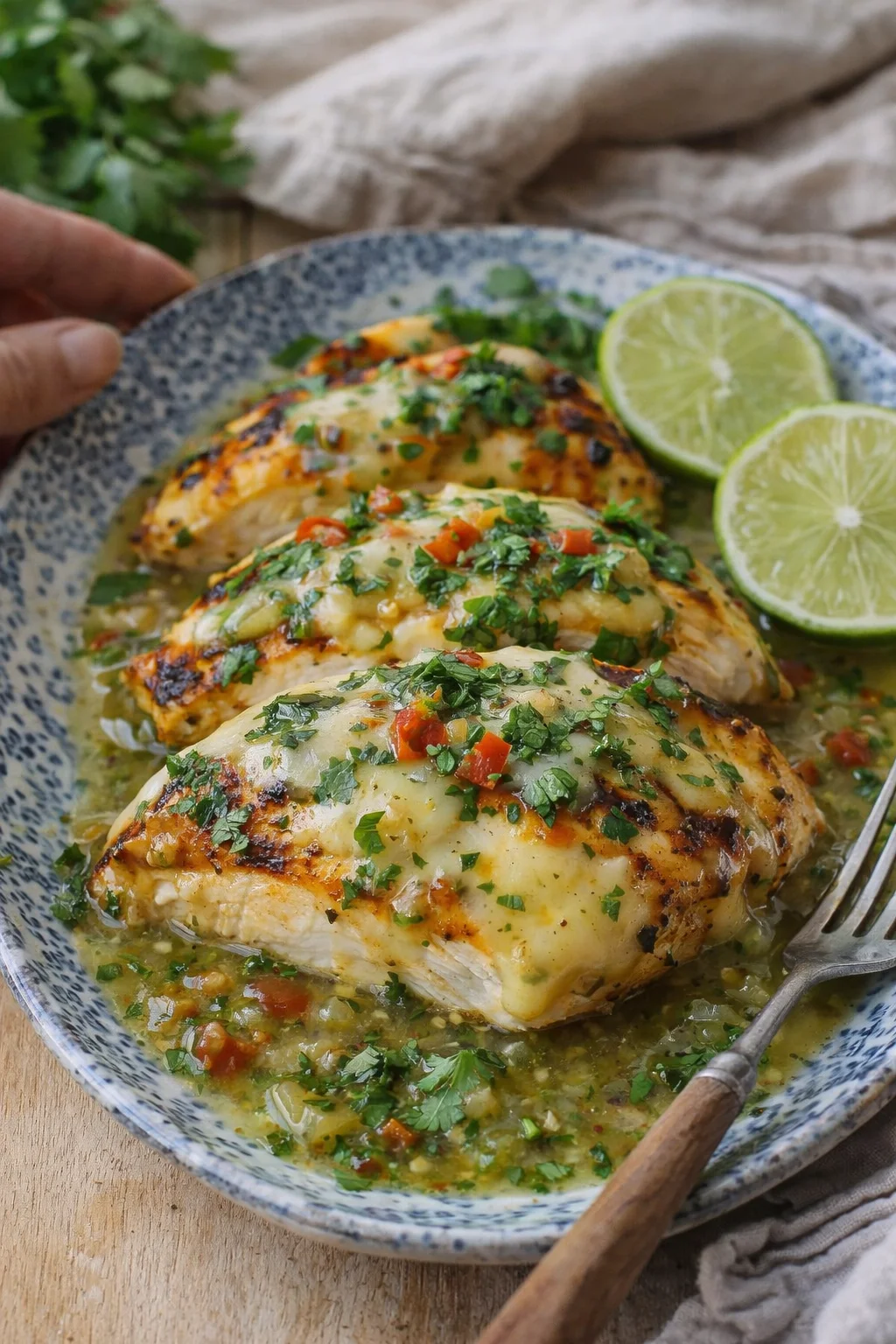 Three pan-seared chicken breasts topped with melted cheese and chopped herbs on a blue speckled plate, with lime wedges nearby.