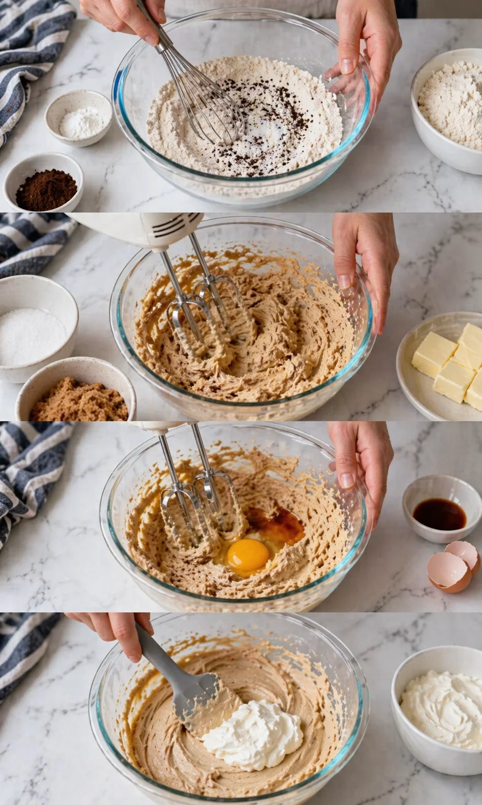 Hands whisk batter in a glass bowl, with eggs, butter, and whipped cream visible in a marble-kitchen setting.