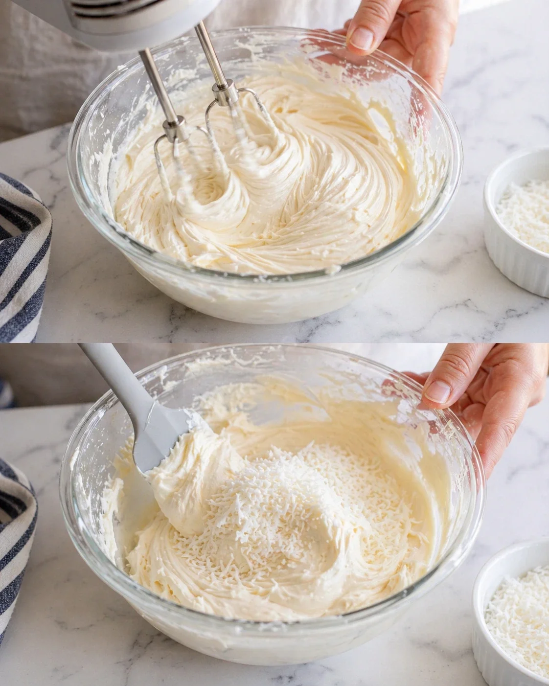 Two-panel view of whipped frosting in a glass bowl; coconut being added.
