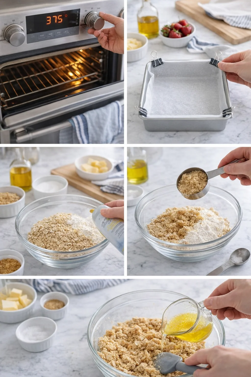 Collage of oat-bar recipe steps: preheating the oven, lining a pan, and mixing oats with butter, oil, and sugar.