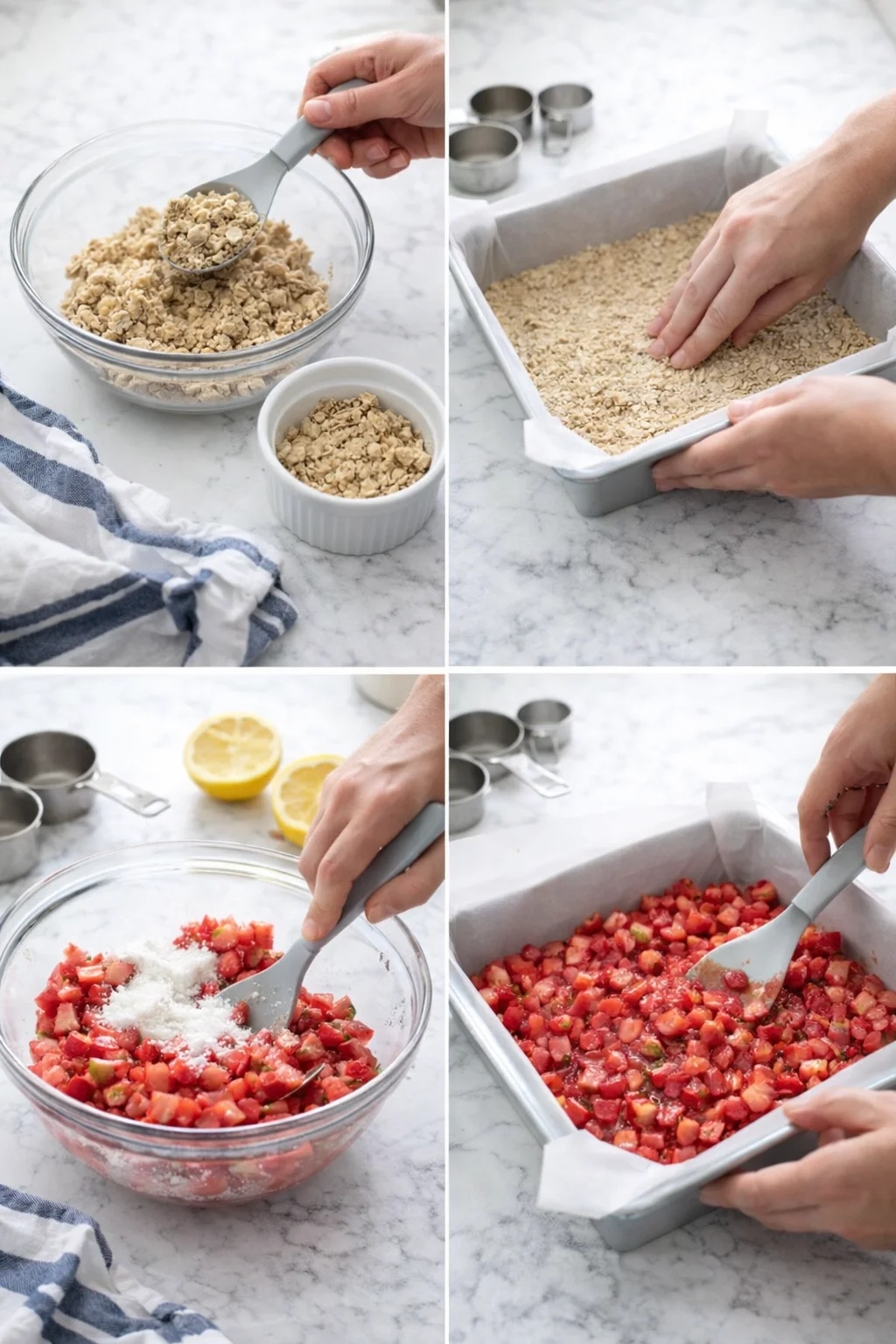 collage showing four steps: crumb crust mixing, crust pressed into a lined pan, strawberry mixture, filling pan.